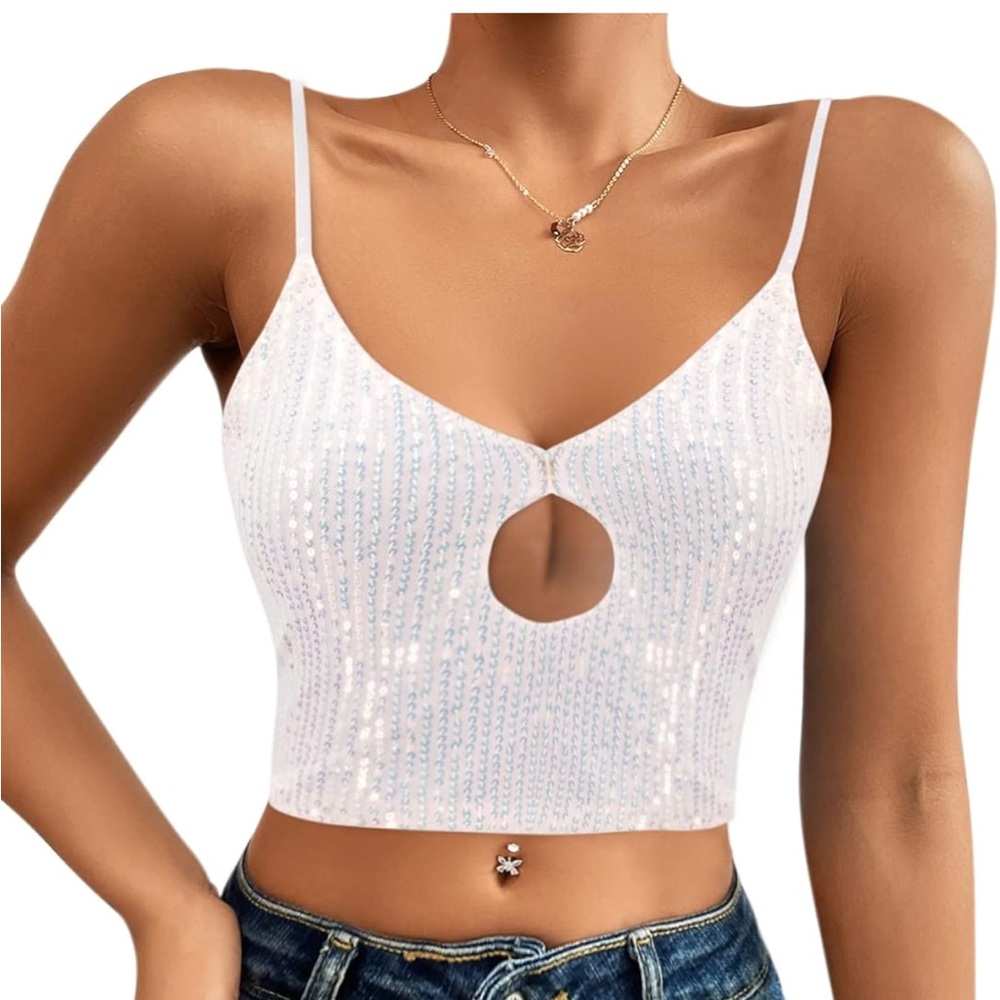 Sparkle Sequin Crop Cami Top - White